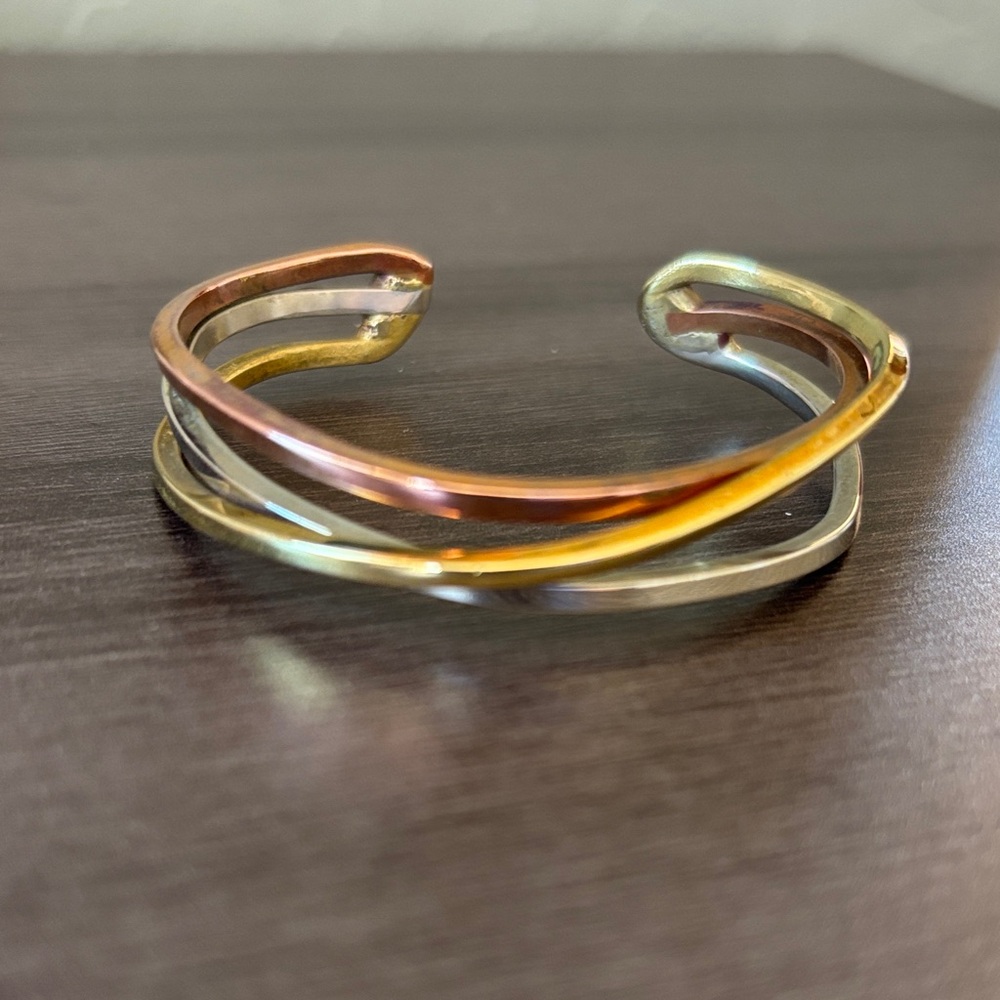 Copper, Silver and‎ Bronze Tri Metal Hand Wrought Cuff Bracelet